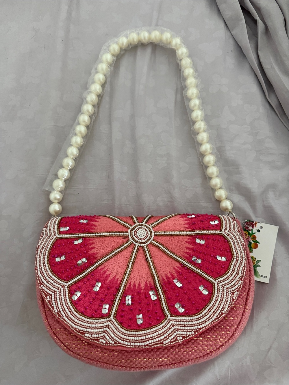 Pink Beaded Citrus-Style Shoulder Bag with Pearl Handle